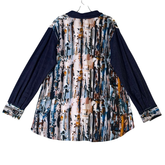 Women's Parsley & Sage Button Down Tunic Shirt XL Blue Brown Abstract Artsy - Picture 2 of 11